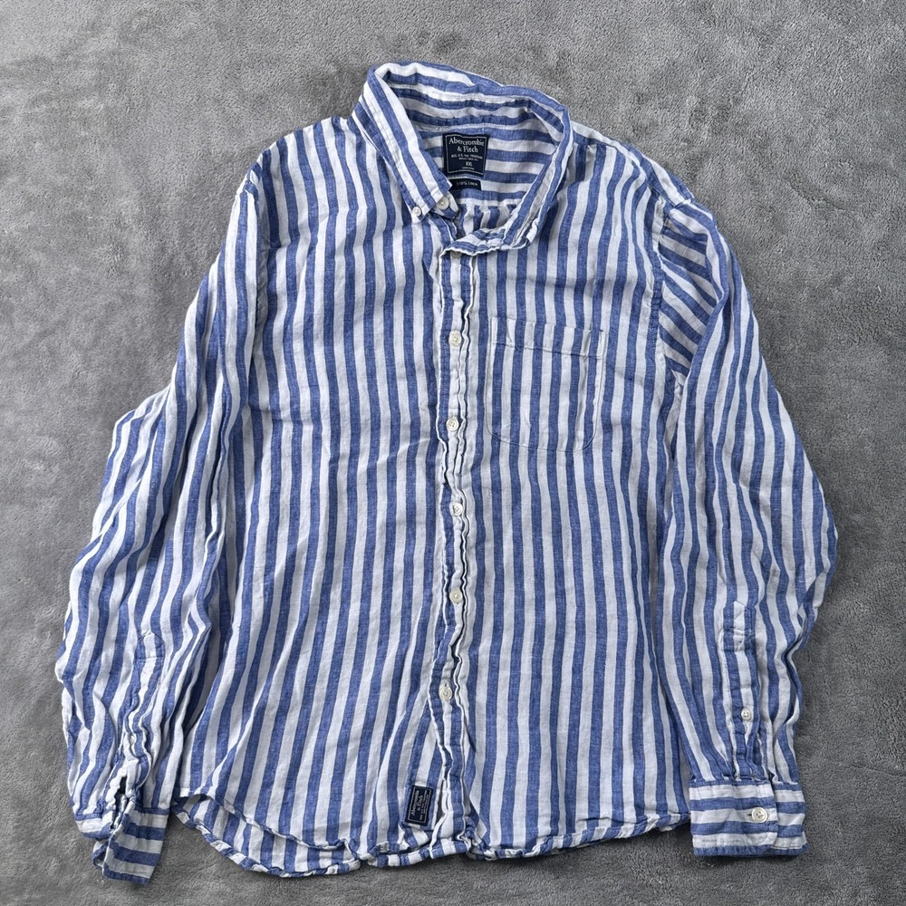 Abercrombie & Fitch Button Up Shirt Mens XXL Blue White Striped 100% Linen LS